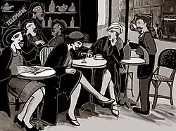 Une toile de Caroline Cavalier représentant des femmes en noir et blanc à une terrasse de café. Le serveur attend sur le côté, une serviette à la main.