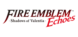 Fire Emblem Shadows of Valentia est inscrit sur deux lignes en lettres noires avec un léger dégradé rouge, à droite figure Echoes en lettres de couleur rouge.