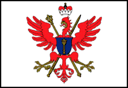 Aigle rouge royal, portant la couronne brandebourgeoise, sur croisée d'un sceptre et d'une épée et avec en son centre un blason bleu reprenant le symbole du sceptre.