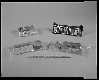 Ration de réserve de poche D élaborée en 1967 avec chocolat militaire Maestrani et Nestlé.