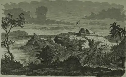 Gravure datée de 1878 représentant le fort de Tapanuli sur l'île de Poncan Ketek.