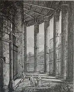 Dessin en noir et blanc de la colonnade circulaire d'un temple.