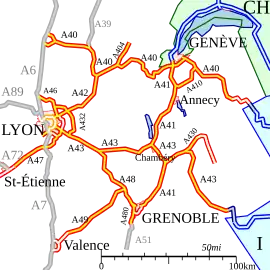 Carte des autoroutes A40 à A49