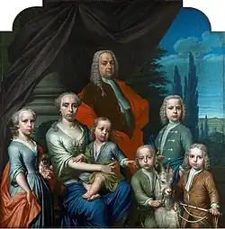 Portrait de Willem Philip Kops (1695-1756), marchand à Haarlem, avec son épouse et ses enfants. huile sur toile, 1738. Dimensions 148&nbsp;cm sur 146,5&nbsp;cm. Amsterdam, Rijksmuseum Amsterdam.
