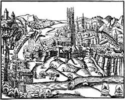 Estampe de 1548 de Johannes Stumpf publié dans les Voelckeren Chronick wirdiger thaaten Beschreybung représentant la ville de Fribourg en noir et blanc.