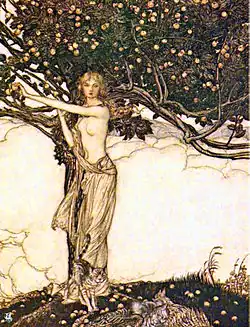La belle Freia (1910), illustration d'Arthur Rackham pour L'Or du Rhin et la Walkyrie de Richard Wagner.