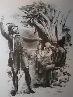 Gravure du XIXe&nbsp;siècle représentative du mythe Hecker : le révolutionnaire, à la physionomie christique et à l'allure romantique, coiffé de son célèbre chapeau à plume, y est représenté comme un protecteur des humbles.