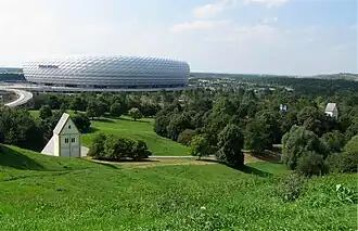 Fröttmaninger Berg, à gauche l'installation artistique « Village englouti », à droite l'église Heilig-Kreuz&nbsp;(de), à l'arrière l'Allianz Arena.