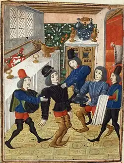 Illustration en couleurs d'un homme mourant tenu par d'autres hommes.