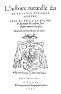 Page de titre de L'histoire naturelle des éstranges poissons marins... de Pierre Belon.