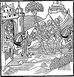 Gravure montrant la fuite des quatre fils Aymon sur Bayard depuis Paris, extraite d'un incunable lyonnais.