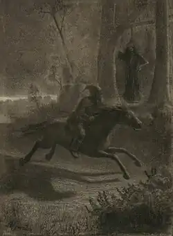 La Corriveau terrorisant un voyageur qui fuit à cheval, dessin d'Arthur Guindon, 1923.