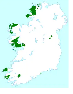 Carte d'Irlande montrant les régions, majoritairement à l'Ouest, ayant une majorité d'irlandophones.