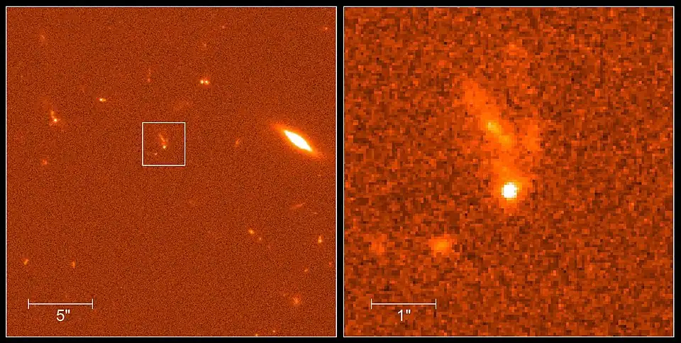 La contrepartie optique du sursaut gamma GRB990123, image prise par le télescope spatial Hubble le 23 janvier 1999, d'une intensité exceptionnelle débouche sur l'hypothèse d'un faisceau de rayonnement étroit.