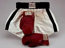 Deux gants de boxe rouges devant un short de boxe noir et blanc.