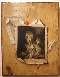 Trompe-l’œil à la gravure de la vieille femme à la chandelle (d'après Rubens), 1750.