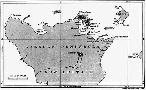 Carte de la péninsule de Gazelle, où Arthur Willey essaya de capturer des Nautilus macromphalus