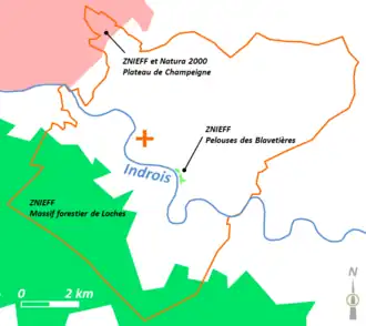 Vue d'une carte répartissant un territoire communal en zones naturelles protégées.