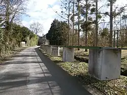 Vue d'une passerelle piétonnière surélevée par rapport à la route qu'elle longe.