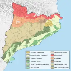 La carte en couleur représente les ensembles du relief de Catalogne