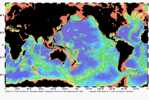 Topographie des océans réalisée à partir des données d'ERS-1 et de Geosat.
