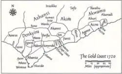 Carte représentant l'étendue des possessions ahantas à son apogée.