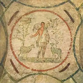 Le Bon Pasteur (IIIe&nbsp;siècle), catacombe de Priscille, Rome.