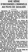 Article du journal L'Ouest-Éclair décrivant une série d'incendies criminels à Goulien en 1938.