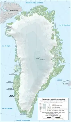 Carte des épaisseurs de l'inlandsis du Groenland ; GISP2 indique le site principal du Greenland Ice Sheet Project où a été extraite une carotte de glace de trois kilomètres de longueur.