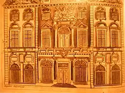 Gravure d'un bâtiment avec façade principale richement décorée et nombreuses fenêtres. Signature en bas à gauche.