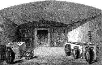 Dessin de la Tombe Campana en l'état où elle fut découverte (illustration tiré du livre de George Dennis, chapitre II : Véies - le cimetière).