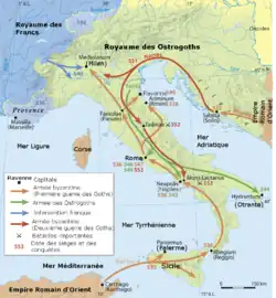 Carte de la guerre des Goths, en bas à gauche une légende en français