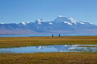 Le Gurla Mandhata au bord du lac Manasarovar.