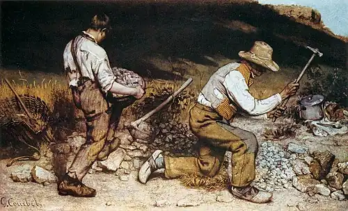 Gustave Courbet, Les Casseurs de pierres, 1849. 165&nbsp;×&nbsp;257&nbsp;cm. Dresde, Galerie Neue Meister. Œuvre disparue.