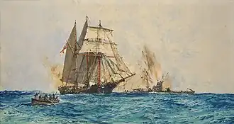 Navire à trois mâts attaqué par un sous-marin noir, avec une explosion de fumée et d'éclairs. Peinture à l'aquarelle, style réaliste, représentant une scène historique du XIXe siècle.