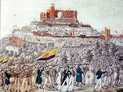 Au premier plan, on voit un grand cortège allant vers le château en arrière plan. Les participants portent de nombreux drapeaux allemands