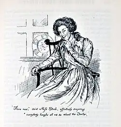 Gravure N&B.Jene femme assise, l'air de divulguer un secret