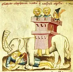Représentation médiévale d'un éléphant de guerre (enluminure du XIVe siècle).