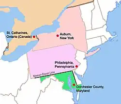 Carte géographique de l'Ouest des États-unis et du Sud de l'Ontario (Canada) sur laquelle figurent les lieux importants pour Harriet Tubman