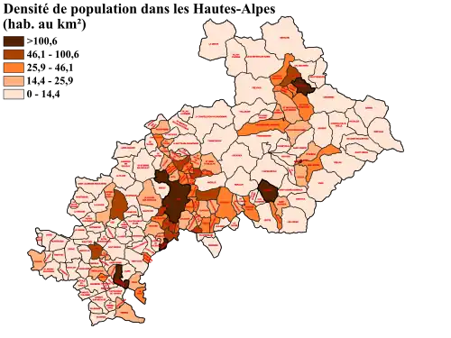 Densité de population par communes dans les Hautes Alpes en 1999