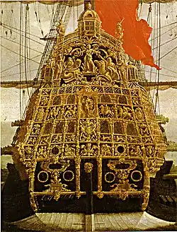 Poupe du HMS&nbsp;Sovereign of the Seas. Lancé en 1637, le fastueux vaisseau-amiral de Charles Ier reste en service 60 ans dans la Royal Navy et participe à de nombreux combats.