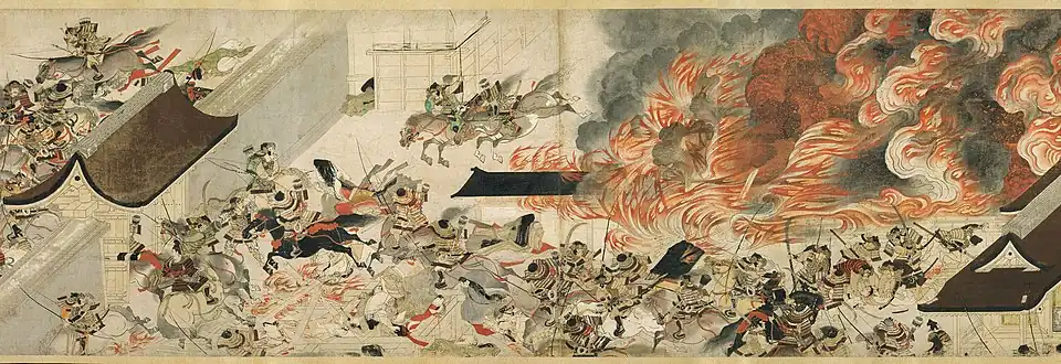 Attaque nocturne du palais de Sanjō (détail d'un rouleau illustré du Dit de Heiji, illustration composée au XIIIe&nbsp;siècle, Kamakura), 41,3&nbsp;×&nbsp;700,3&nbsp;cm,  Musée des Beaux-Arts de Boston.
