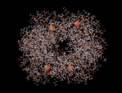 La même molécule avec les atomes de fer mis en évidence.