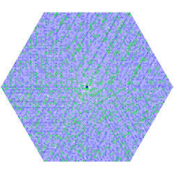 Spirale hexagonale avec les nombres premiers en vert et les nombres avec de nombreux facteurs en bleu foncé.