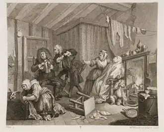 Moll est mourante de la syphilis, l'aspect cadavérique. Dr Richard Rock à gauche, cheveux noirs, et Dr Jean Misaubin à droite, se disputent sur le traitement. Une femme, peut-être la maquerelle de Moll, fouille dans une malle et s'empare de ses maigres biens. Son jeune fils, accroupi près de l'âtre, se dépouille la tête