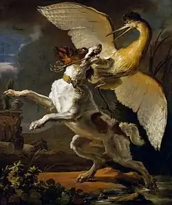 Fight between a dog and a heron