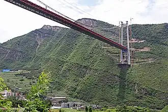 Pont de l'Armée rouge sur la riviere ChishuiLe pylone côté Guizhou vu depuis le Sichuan