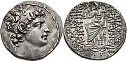 Tétradrachme d'argent de Séleucos VI séleucide (r. 96-93); Zeus porteur de Niké, au revers.