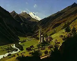 Hubert Sattler : Le village d'Heiligenblut et le Grossglockner en arrière plan (vers 1860)