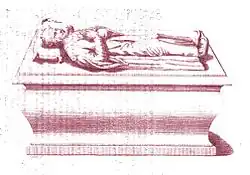 Gravure représentant un gisant sur une tombe.